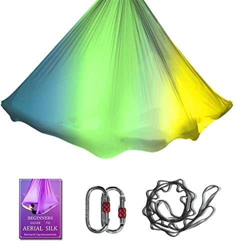 Aerial Yoga Hammock L:5M W:2.8M 5.5 Yards Aerial Pilates Silk Yoga Swing Set with 2000 Ibs Load Include Daisy Chain, Pose Guide - color: Gradual Change Yellow