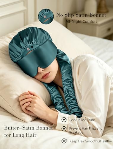 Satin Bonnet for Sleeping with Eye Mask，No Slip Sleep Bonnet with Long Curling Ribbons for Braids & Long Hair - color: Green