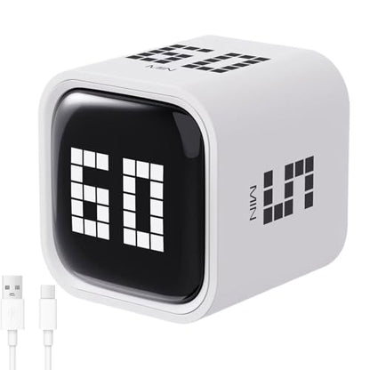 Rotating Digital Cube Timer with Gravity Sensor, 5/10/30/60 Min Preset & Custom up to 99 Min, USB-C Rechargeable Stopwatch, Vibration Volume Mute Alert for Pomodoro Focus Study Kitchen (White) - color: White