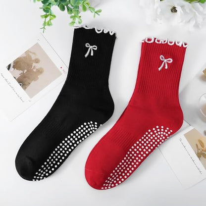 Women's Pilates Grip Socks, Ruffle Non Slip Bow Pattern Yoga Socks | Grippy, Frilly Trim, Embroidery, Crew Length, Soft Cotton, Arch Support, for Barre Ballet Dance Workout Hospital Home Gifts - color: B06-bow-red+black