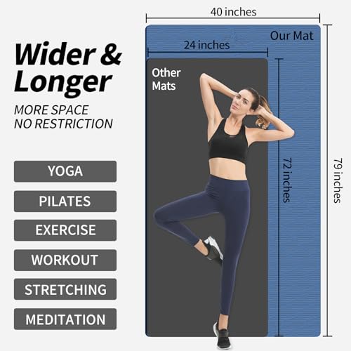 Hatha Yoga Extra Long TPE Yoga Mat 79" x 40" x 1/2" Thick Non-slip Exercise Mat for Home Gym Use, Yoga, Pilates, Fitness & Workouts - color: Blue