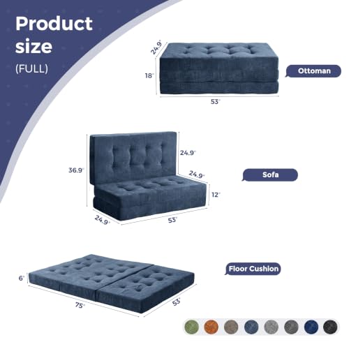 MAXYOYO 6" Folding Sofa Bed for Floor, Tufted Tri-Fold Floor Mattress | Full Size Portable Sofa Couch Guest Mat with Chenille Fabric for Adults, Foldable Topper for Camping, Dusty Blue, Full - color: Dusty Blue, size: Full