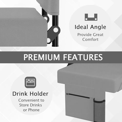 2pcs Stadium Seat for Bleachers with Back Support，Portable Bleacher Chairs with Back and Cushion，Includes Shoulder Strap and Cup Holder - color: Grey,2 Pack