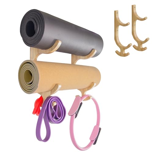 Tapeera Wooden Yoga Mat Holder Wall Mount - Home Gym Decor - Yoga Mat Storage - Garage Gym Accessories Storage & Organizer - Resistance Band Wall Mount - Gym Organization for Home
