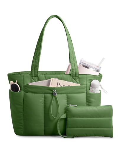 TOPDesign Puffy Tote Bag for Women with Cup Holder & Laptop Compartment & Cosmetic Bag & Trolley Sleeve for Work, Travel - color: Green, size: Medium