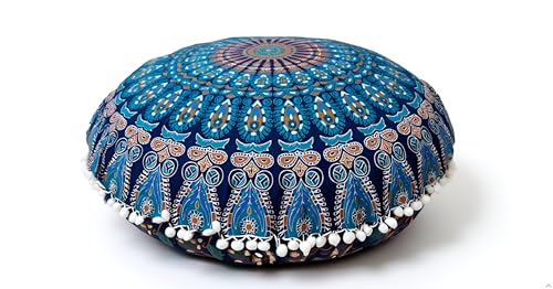ICC Large Hippie Elephant Mandala Floor Pillow Cover - Cushion Cover - Pouf Cover Round Bohemian Yoga Decor Floor Cushion Case- 32" (Green Peacock) - color: Green Peacock
