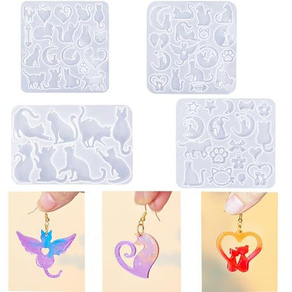 4 Piece Resin Earring Molds ， 60 Unique Shapes UV Cat Resin Molds with Holes Ideal for DIY Silicone Earrings Necklaces Jewelry and Animal Designs Creative Art Gifts - color: Cat