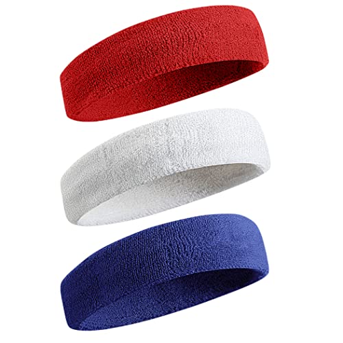 BEACE Sweatbands Sports Headband for Men & Women - Moisture Wicking Athletic Cotton Terry Cloth Sweatband for Tennis, Basketball, Running, Gym, Working Out - color: Red/White/DP Blue