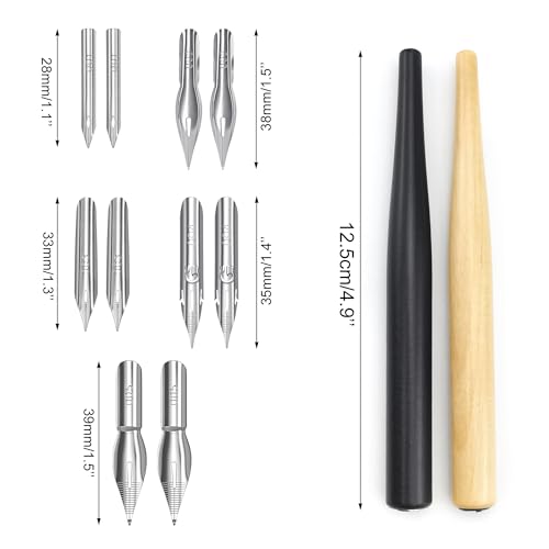 Quacc Comic Dip Pen Set, 2 Pen Holders and 10 Replacement Nibs, Wooden Calligraphy Holder with 5 Different Stainless Steel Nib for Writing, Painting, Signing