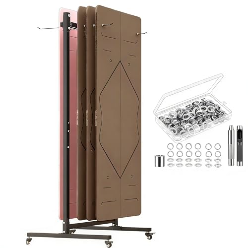 Yoga Mat Storage Rack on Wheels, Metal Yoga Mat Holder with Double Sided Hooks & Punching Tool, Rolling Organizer Cart for Home Gym, Exercise & Fitness Club
