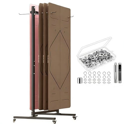 Yoga Mat Storage Rack on Wheels, Metal Yoga Mat Holder with Double Sided Hooks & Punching Tool, Rolling Organizer Cart for Home Gym, Exercise & Fitness Club