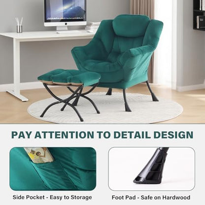Tiita Lazy Chair with Ottoman, Comfy Reading Accent Chair, Velvet Green | Foldable Footrest, Padded Seat and Backrest, Side Pocket for Lounging in Living Rooms, Bedrooms, Dorms and Small Spaces - color: Green