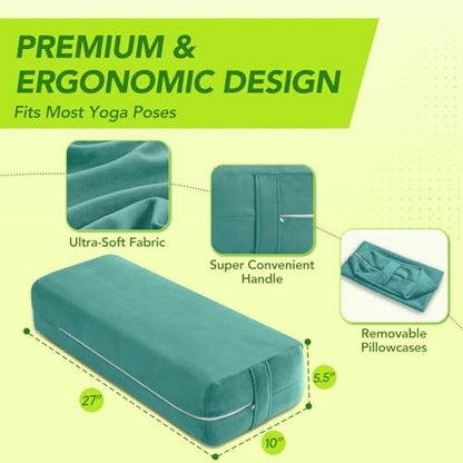 Wellsin Rectangular Yoga Bolster - Meditation Pillow with Washable Suede Cover, 27"X10" X5.5" - color: Green