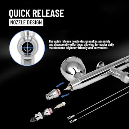 Airgoo Prime Series Airbrush Kit AG-216 Dual Action Gravity Feed Airbrush Kit with 0.3mm/0.5mm Nozzles & Needles, 7CC/10CC Fluid Cups for Tattoo, Modeling, Cake Decor, Nail Painting