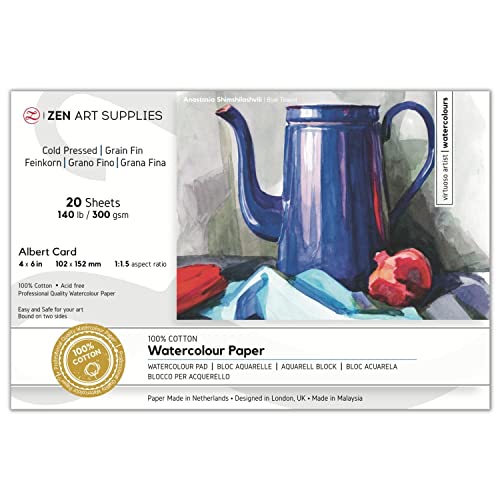 100% Cotton Watercolor Paper Block 140 lb - 4x6 in Cold Pressed 20 Sheets | Professional Grade Water Color Paper, Acid-Free Archival, Dual Texture Surfaces, Warp-Free Block Binding, Gouache & Wet-Media - size: 4"x6" Albert Card