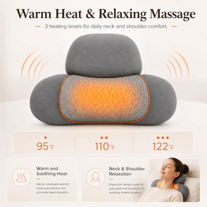 3 in 1 Heated Neck Massage Pillows with Heat for Pain Relief Deep Tissue, Rechargeable Cervical Neck Hump Corrector, Wireless Pillow Supports (No Washable Cover)