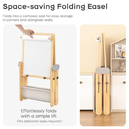 3-In-1 Folding Kids Art Easel - Double-Sided Foldable Wooden Art Easel with Chalkboard & Whiteboard, Height Adjustable, Portable Art Station with Paper Roll Holder, Ideal Gift for Girl & Boy - style: Folding Easel