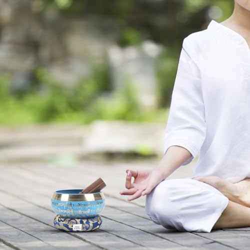 Kmise Tibetan Singing Bowls Set- Handmade in Nepal Meditation Sound Bowls for Yoga, Meditation, Mindfulness, Healing and Chakra Balancing, Stress Relief (5', Blue) - color: 5inch Blue