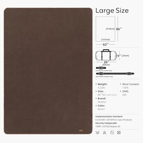 Molithe 100% Wool Blanket, 62" x 86", Warm, Thick, Military, Camping Gear - color: Brown, size: Large