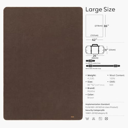 Molithe 100% Wool Blanket, 62" x 86", Warm, Thick, Military, Camping Gear - color: Brown, size: Large