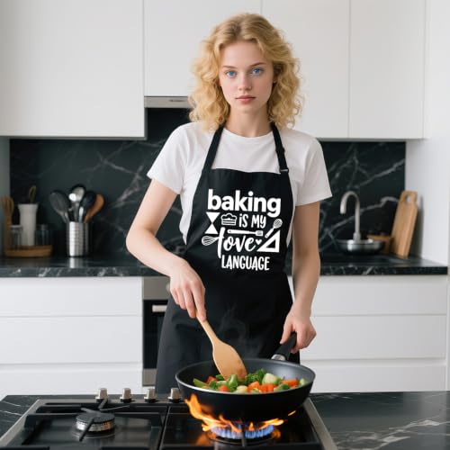 Funny Apron for Women with 2 Pockets, Adjustable Kitchen Apron for Cooking Baking Gifts for Mom Wife Birthday - color: Black-baking is My Love Language
