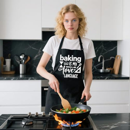 Funny Apron for Women with 2 Pockets, Adjustable Kitchen Apron for Cooking Baking Gifts for Mom Wife Birthday - color: Black-baking is My Love Language