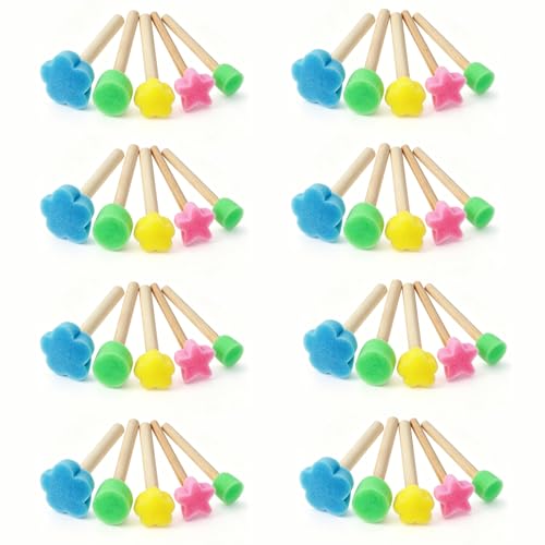 40 Pcs Round Flower Paint Sponges Set, Sponge Brushes for Painting, Sponge Paint Brushes for Acrylic Painting, Wooden Handle Craft Sponges for DIY, Crafts and Kids Arts - style: 40 Pcs Flower Sponges