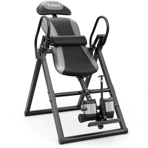 YOLEO Inversion Table for Back Pain w/Removable Lumbar Pad ITX320 | w/ Reversible Ankle Holders, Foldable, Easy Assembly - color: Grey - Black Tube
