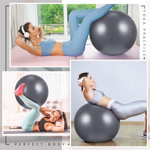 Liliful 10 Pcs Yoga Starter Kit Include 6mm Yoga Mat with Carry Strap, 2 Blocks, 65cm Pilates Ball, Stretch Strap, 5 Resistance Bands with Air Pump Home Workout Set for Beginners Women Men Gym - color: Gray