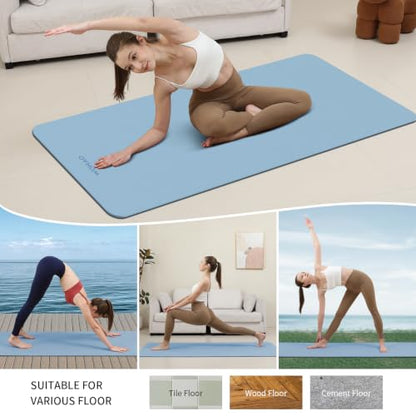 8mm Extra Wide 80cm Yoga Mat Non Slip | Spacious 80cm x 72" mat for tall users, gym, pilates. POE, reversible dual-color, non-slip, tear-proof, odorless, strap. - color: Blue-gray+Navy blue