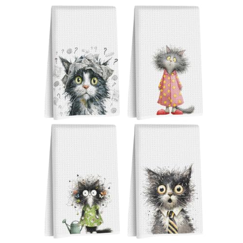 4 Pcs Funny Cat Kitchen Towels, Cute Cats Gifts Reusable Hand Towels-08 | Cat Dish Cloths for Drying Dishes, Cats Waffle Dish Towels for Kitchen Bathroom Decor, Cat Lover Gifts for Women Mom Grandma - color: Multi 1625