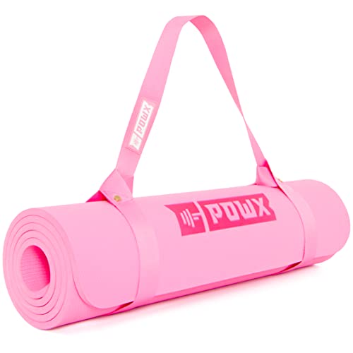Extra Thick Yoga Mat for Women – TPE 10 mm-Thick Non-Slip Yoga Mat & Nylon Mat Strap – Men’s Fitness & Workout Mats for Home Gym – 26 x 74 In. Indoor-Outdoor Meditation & Exercise Mats by PowX (Pink)