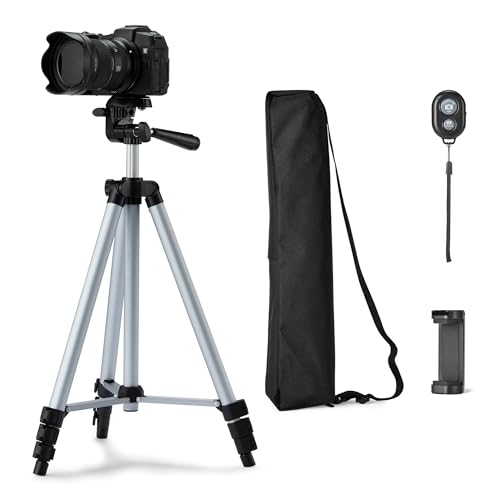 Amazon Basics 50" Lightweight Tripod for Camera and Phone with Travel Bag, Remote Control, Height Adjustable, 360-Degree Rotation, Aluminum, Silver - size: 50-in, style: Tripod with Remote & Phone Holder