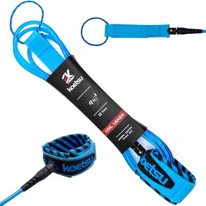 KOETSU Surf Leash 6ft/7ft/8ft/9ft/10ft - Premium Surfboard Leash for Shortboard/Longboard/SUP - 7mm Polyurethane Cord with Quick Release, Dual Swivel & Comfortable Neoprene Cuff - size: 9ft