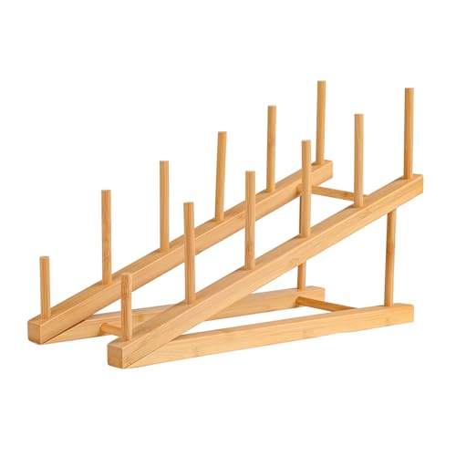 Plate Stands For Display, Wooden Plate Rack Dish Stand Holder | 5-Tier Display Stand for Book, Art Print, Puzzle, Cutting Board, Pot Lid Rack and Kitchen Cabinet Organizer (1 Pack) - size: L-1 Pack