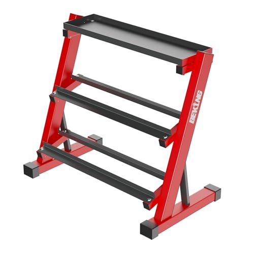 BEKING 3 Tier Dumbbell Rack,1000LB Capacity Weight Storage Rack for Home Gym Fitness,Multifunctional Free Weight Organizer Stand for Dumbbells, Kettlebells,Compact Design Save Floor Space - color: RED