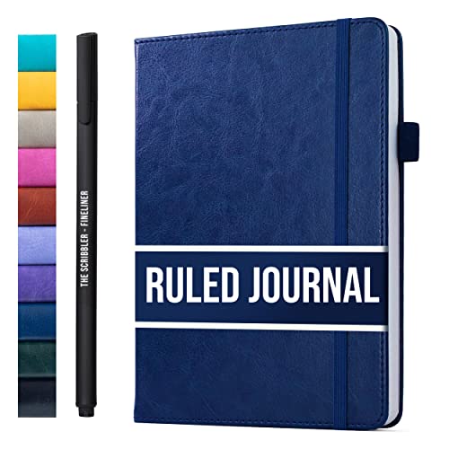 Lined Journal Notebook for writing + Free Pen! Ruled 200 pages, 120gsm Thick Paper with Sticky Notes,pen loop, elastic band, leather hard cover | Scribbles That Matter A5 journals, (5.75 x 8.2) - color: Navy Blue
