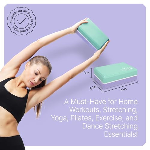 Yoga Blocks 2 Pack with Strap and Guide – Soft Non-Slip EVA Foam Blocks | High-Density Pilates Blocks for Home Workouts, Dance, Ballet, Gymnastics & Stretching Exercise, Dance Accessories and Gifts - color: Mint/Purple & Stretch Band Purple