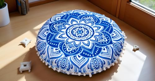 Round Mandala Floor Pillow Cover Seating Cushion Throw Cover Ottoman Pouf Cover Pom Pom Pillow Cases Hippie Decorative Bohemian Boho Indian 22 Inches (Blue White) - color: Blue White