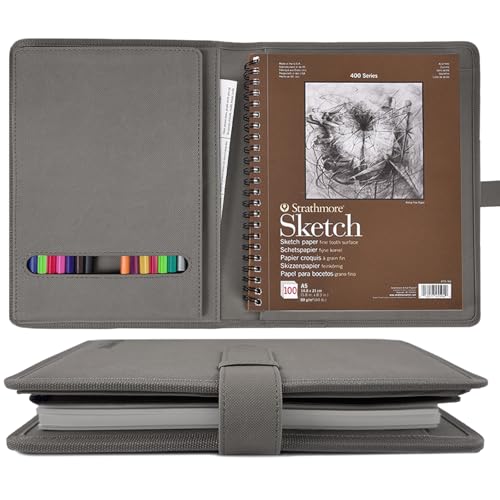 Plinyvel Gray Leather Sketchbook Cover 5.5x8.5, Travel Drawing Portfolio | Portable sketch kit organizer, pencil holder, Fits 5.5x8.5 Sketch Book, Spiral Pad, Compact artist storage case - color: Gray, size: Small-5.5x8.5