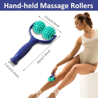 Handheld Spiky Massage Balls Rollers, 2 Wheel Spiky Massage Ball Rollers Silicone Manual Massage Roller with Handle Pressure Point Muscle Massage Tool for Foot Arm Body Neck Leg Pain Pressure Relief - color: Blue Green