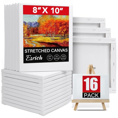 ESRICH Canvas for Painting 8x10, 16 Pack Stretched Canvas, Primed Acid-Free Cotton Paint Canvas Bulk, White Blank Canvases for Painting for Oil & Acrylic Paint. - size: 16 Packs - 1 Size (8x10)