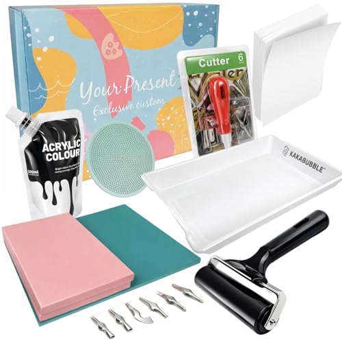 KAKABUBBLE Linocut Kit for Printmaking, Stamp Making Kit with Linoleum Blocks, Carving Tools, Brayer, Ink & Transfer Paper – Block Printing Kit for Beginners, Artists & DIY Crafts