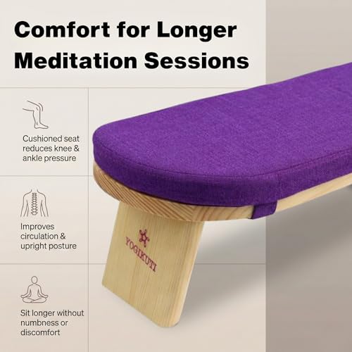 Yogikuti Folding Meditation Bench, Purple | Removable Cushion, Wooden Seiza Kneeling Stool, Ergonomic Meditation Seat, for Home & Yoga Studio, Comfortable Posture (Purple) - color: Purple