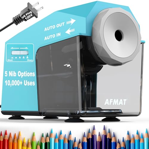 AFMAT Electric Pencil Sharpener, Fast & Hands-Free, 10K+ Uses, 5 Nibs, Fully Automatic Pencil Sharpener for Classroom, Heavy Duty Sharpeners for No.2/Jumbo/Colored Pencils (φ6.5-10.5mm) US Plug(120V) - color: Cyan