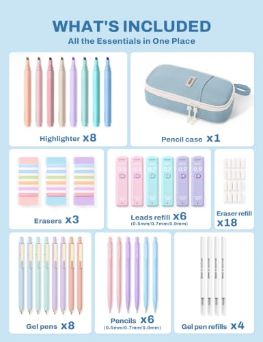 SUNEE Pencil Case with Supplies, 54PCS Aesthetic Stationery Set with 8 Pastel Highlighters, 8 Gel Pens Black Ink, 6 Mechanical Pencils, Back to School, College Essentials for Students, Blue - color: Blue, style: 54 Pack