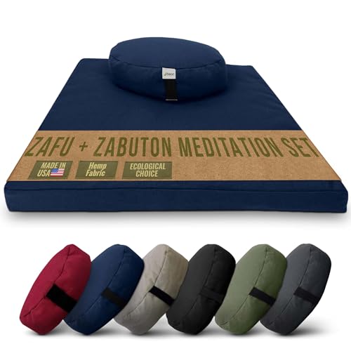 Meditation Cushion Mat Set HEMP- Large Oval Zafu Floor Pillow Organic Buckwheat Pillow + Cotton Filled HEMP Zabuton Prayer Pad - Meditation Pillow Yoga Knee Pad, Made in USA - 18" Oval, BLUEBERRY Hemp - color: Blueberry - Hemp, size: Oval Combo