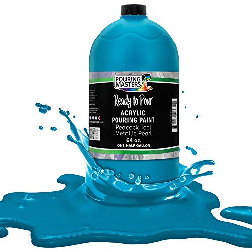 Pouring Masters Peacock Teal Metallic Pearl Ready to Pour Acrylic Pouring Paint - Premium 64-Ounce Pre-Mixed Fluid Acrylic Paint - Fluid Art Supplies for Canvas, Wood, Paper, Tile & Rocks | Ready to Pour, Premium Pre-Mixed Fluid Acrylic Paint - Fluid Art