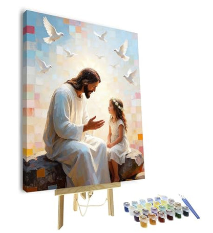 TUMOVO Paint by Numbers Kit for Adults, Adult Paint by Number - Heartwarming Jesus Telling a Story to Little Girl, Inspirational Religious Art, Framed Canvas, 16x20 Inch - color: Jesus(Framed)