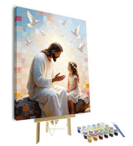 TUMOVO Paint by Numbers Kit for Adults, Adult Paint by Number - Heartwarming Jesus Telling a Story to Little Girl, Inspirational Religious Art, Framed Canvas, 16x20 Inch - color: Jesus(Framed)
